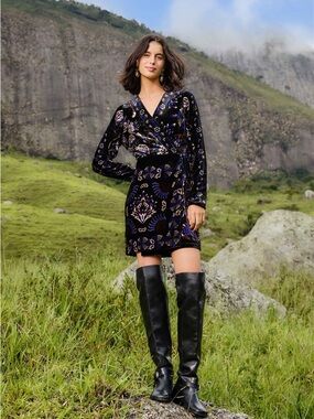 Farm Rio NEW Small Black Arabesque Mix Scarves Wrap Mini Dress $298 NWT